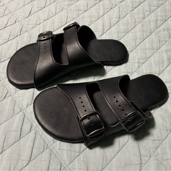 Ahinsa Comfort Slip-on Sandals Black Vegan Leather Buckle Sandals - Picture 3 of 9